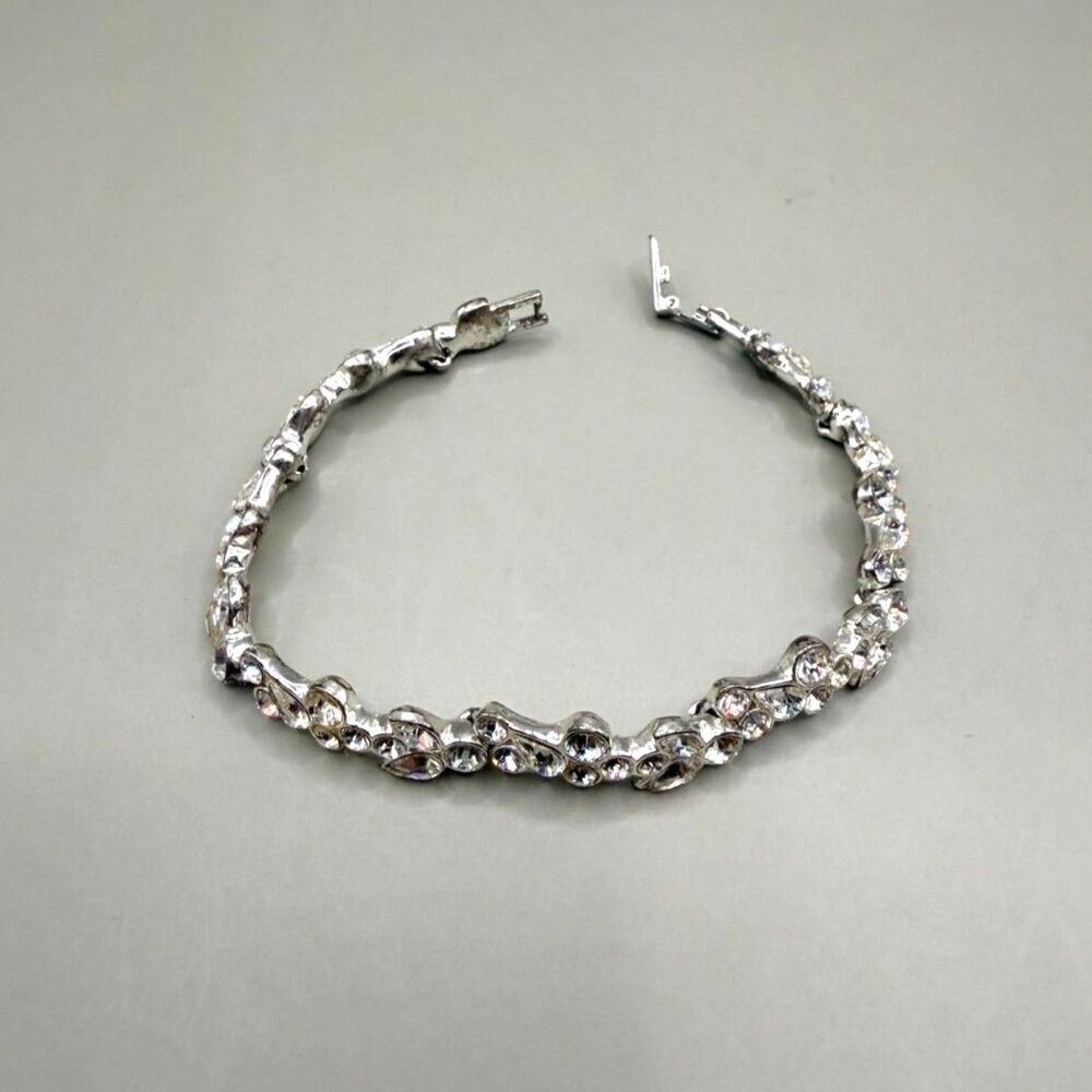 Vintage Givenchy Clear Rhinestone Bracelet SilverTone Signed Designer Floral